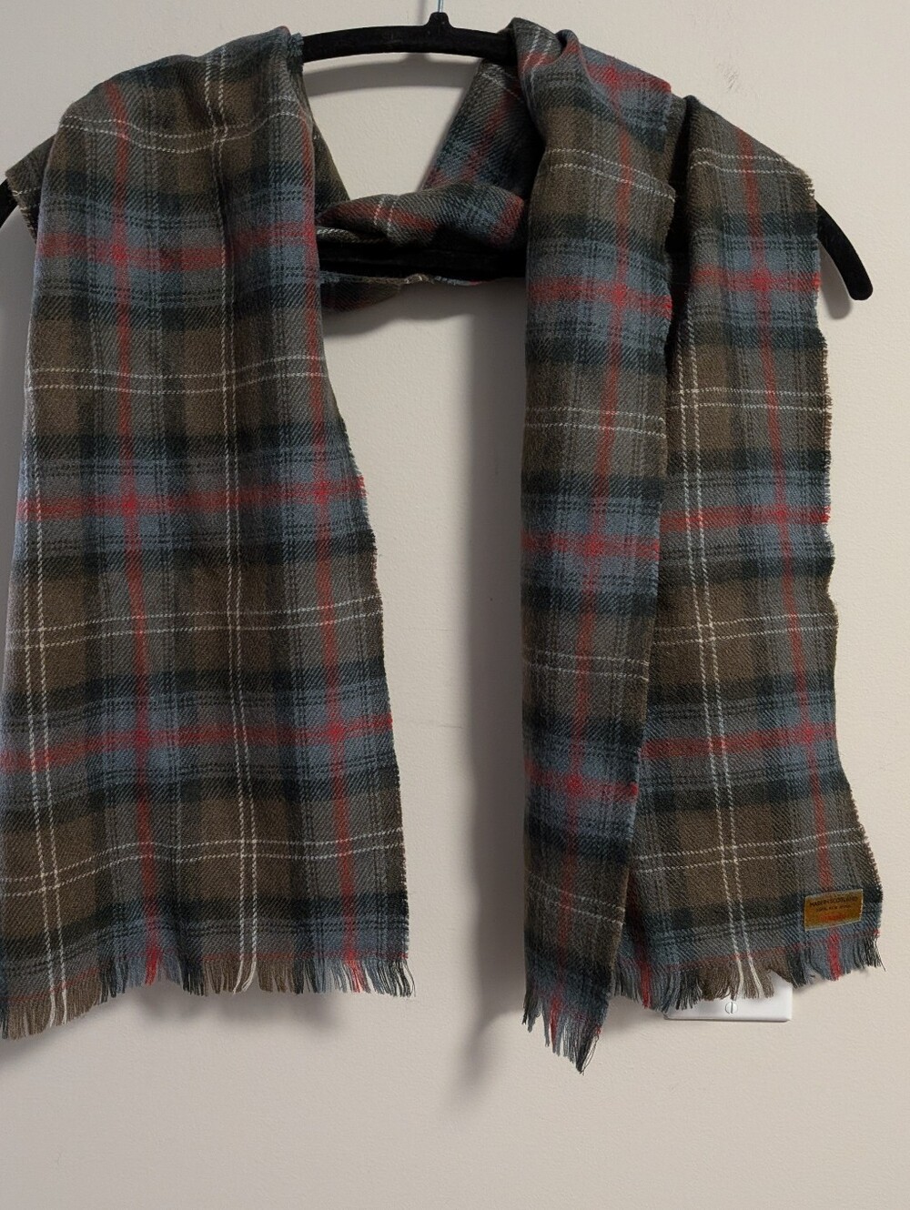 Made In Scotland .Plaid Fringe Wool Tartan Scarf in Olive, Gray, White & Red.